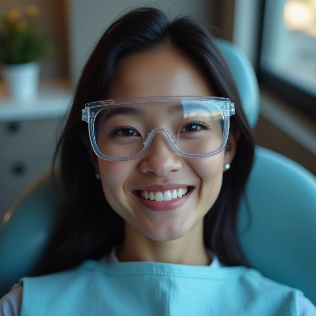 Smiling woman wearing protective glasses sitting in a dental chair during her appointment.
