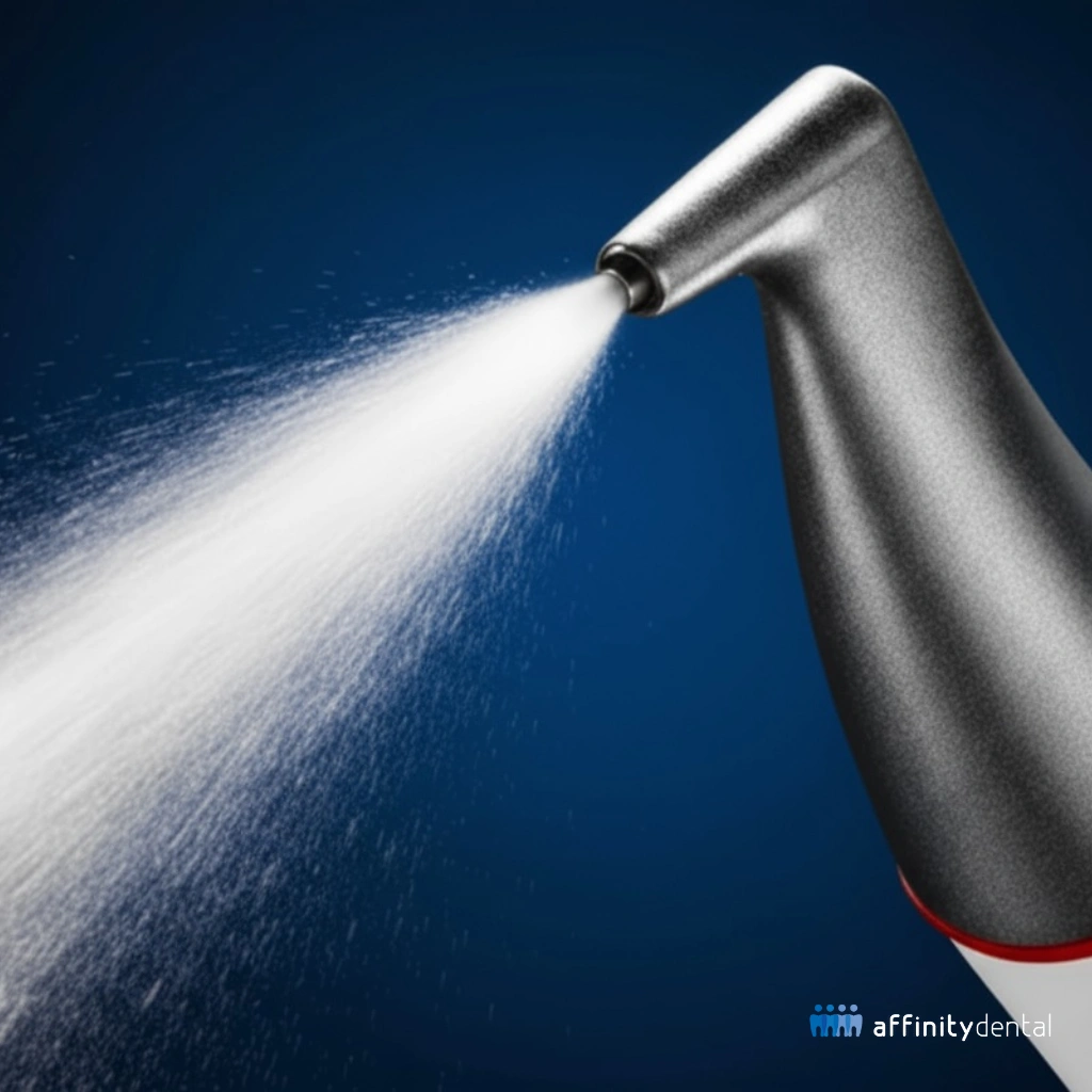 Close-up of EMS AIRFLOW® Max nozzle releasing fine spray of air, water, and erythritol powder for professional dental cleaning and biofilm removal.