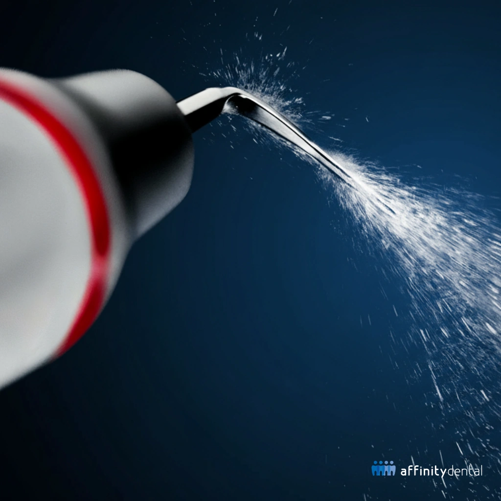 Close-up of EMS AIRFLOW® Piezo handpiece spraying water for ultrasonic scaling, designed to remove hard calculus deposits safely and comfortably.