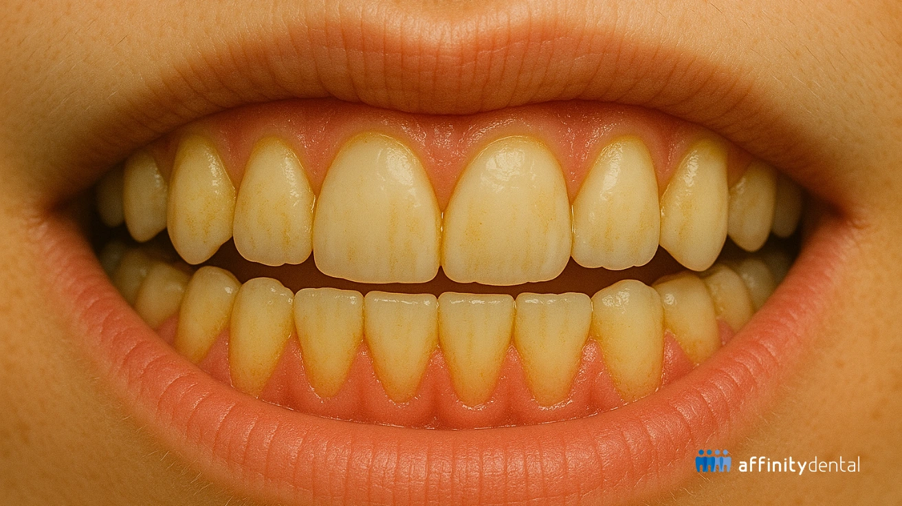 Close-up of human teeth showing mild yellowish plaque deposits along the gumline and between teeth, photographed for Affinity Dental educational use.