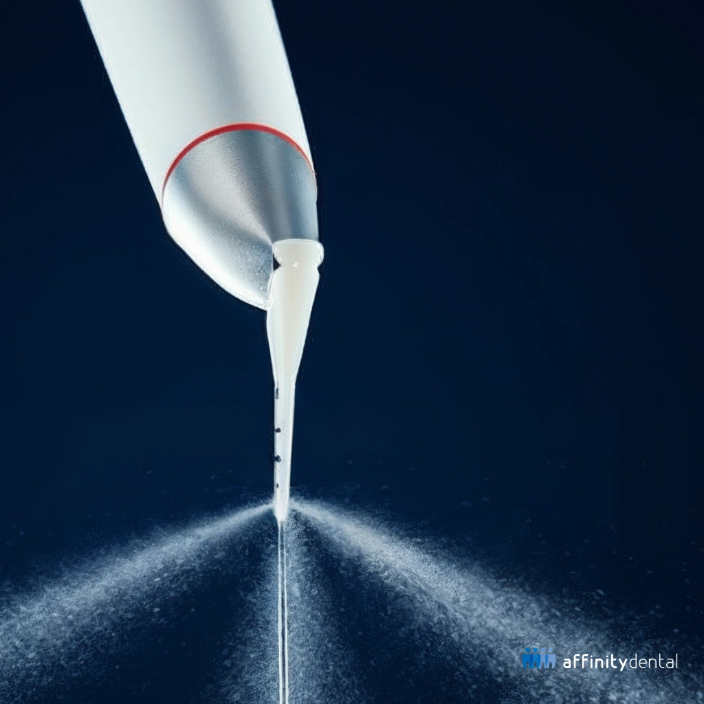 Close-up of EMS AIRFLOW® Perioflow nozzle releasing a fine spray for safe cleaning inside periodontal pockets and around dental implants.
