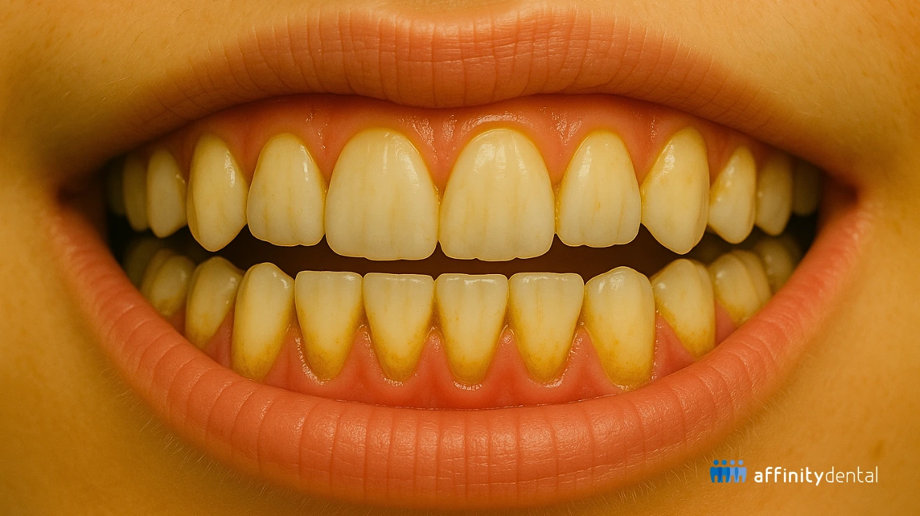 Close-up of human teeth showing visible tartar buildup along the gumline, with mild gum redness, photographed for Affinity Dental educational use.