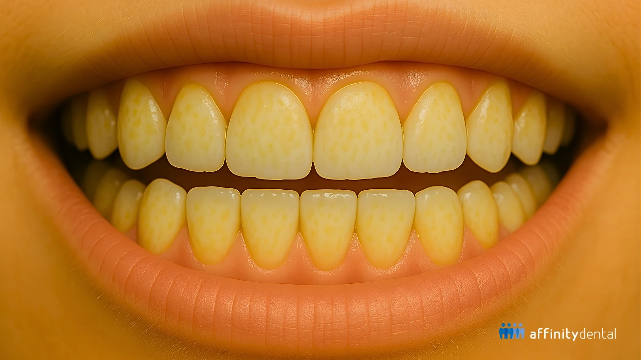 Close-up of human teeth showing yellowish biofilm buildup along the enamel surface and gumline, photographed for Affinity Dental educational material.