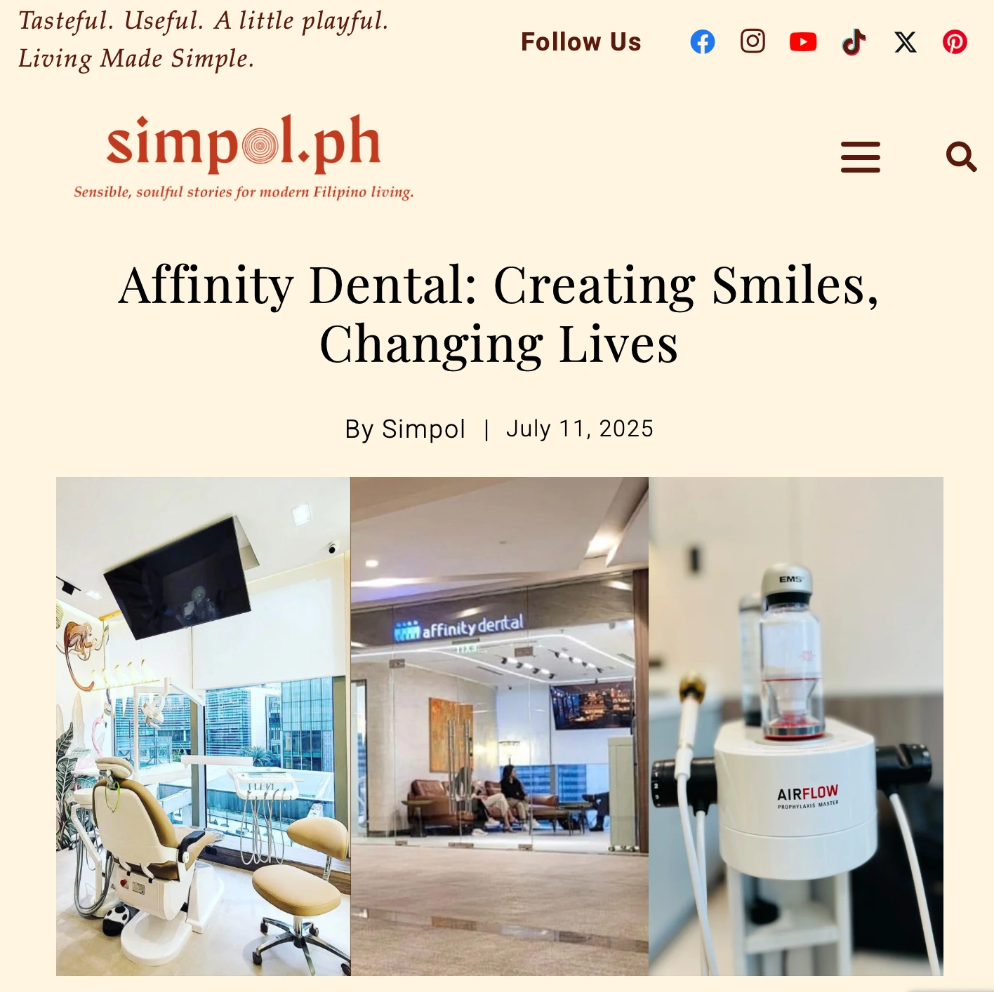 Screenshot of Simpol.ph article “Affinity Dental: Creating Smiles, Changing Lives” featuring Affinity Dental Clinics BGC High Street