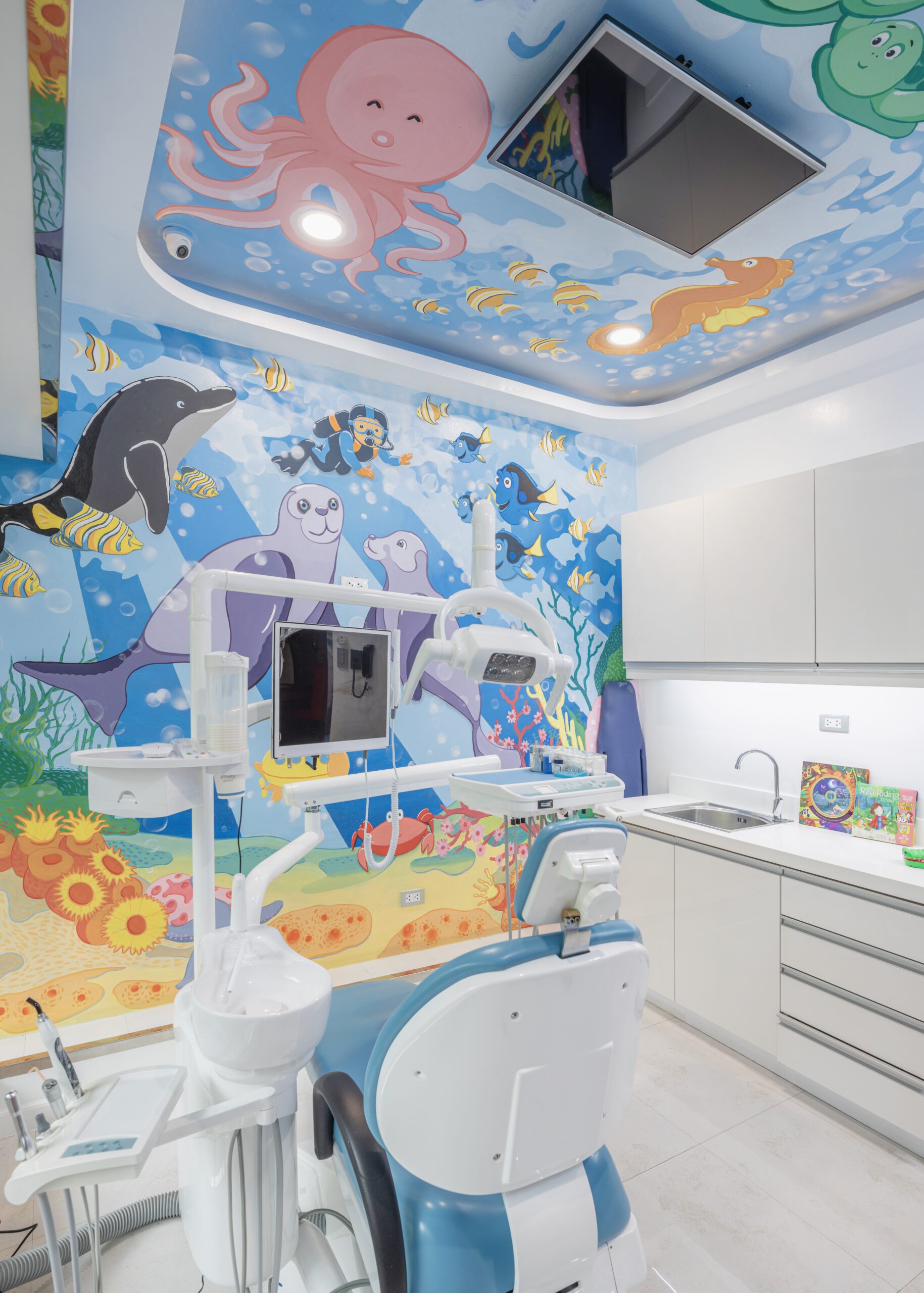 Pediatric surgical suite with colorful ceiling decorations and child-friendly medical environment