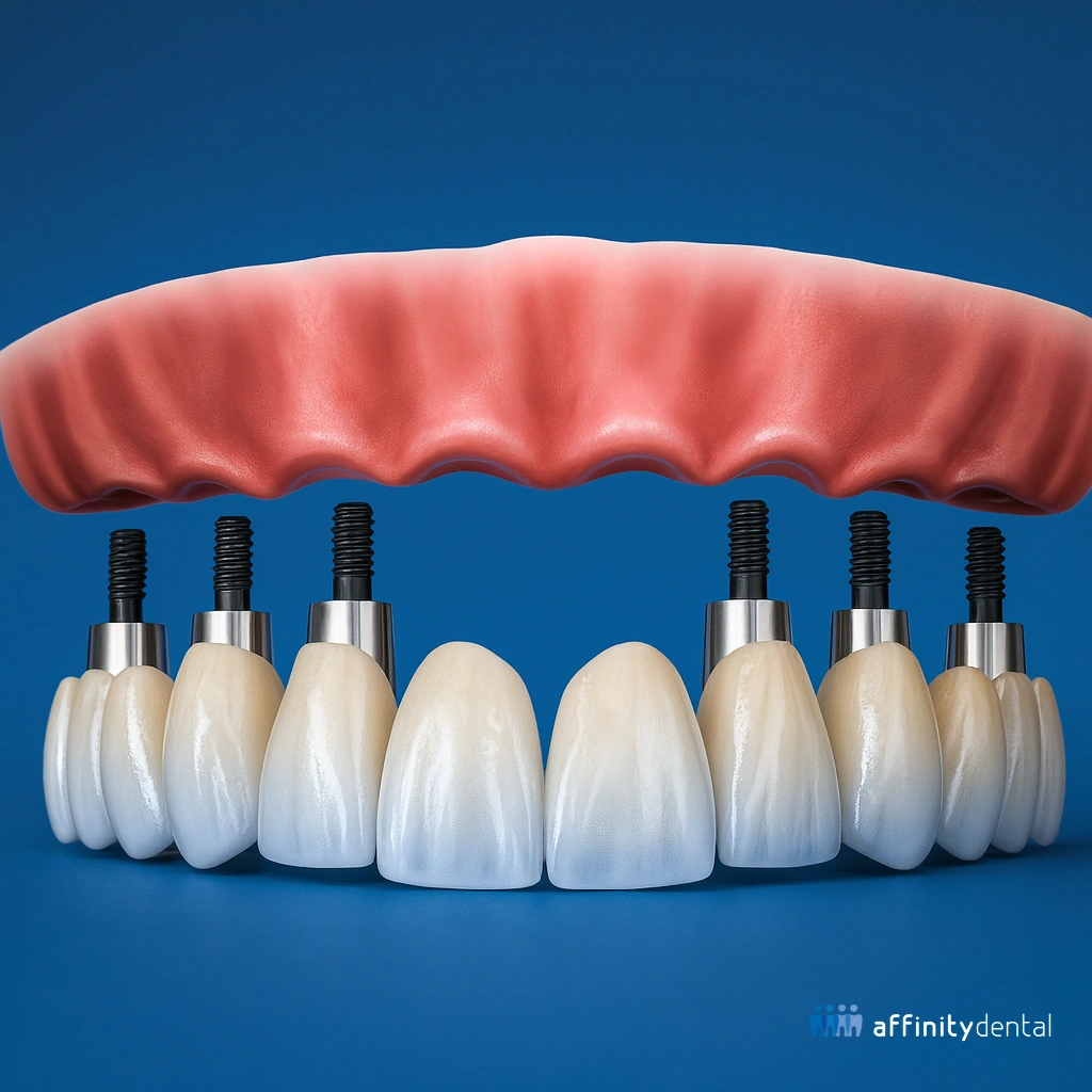 3D illustration of an All-on-X dental implant showing a full arch prosthesis supported by multiple implants