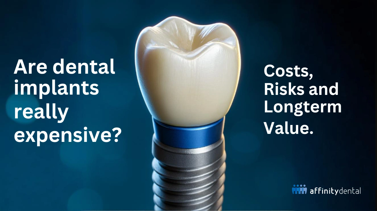 Educational graphic showing a close-up 3D dental implant with zirconia crown and the text “Are dental implants really expensive? Costs, Risks, and Longterm Value.”