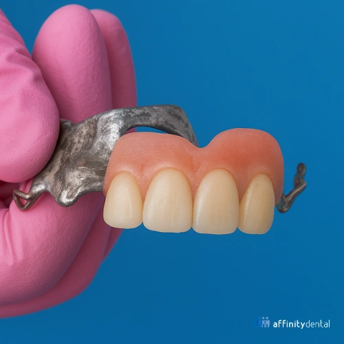 Close-up of an old, ill-fitting partial denture being held in pink gloved hand against blue background.
