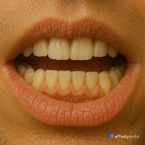 Close-up of a mouth with dry lips and reduced moisture, showing dry mouth linked to bad breath.

