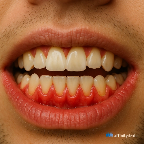 Close-up of gums with gingivitis, showing redness and swelling that contribute to bad breath.
