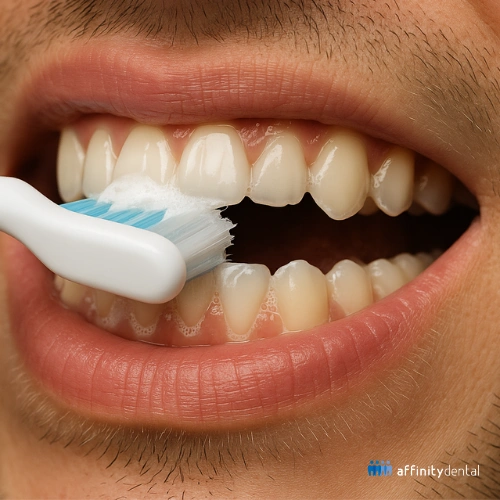 Close-up of teeth being brushed, showing poor oral hygiene as a common cause of bad breath.

