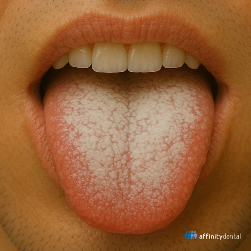 Close-up of tongue coating, showing white layer often linked to bad breath (halitosis).
