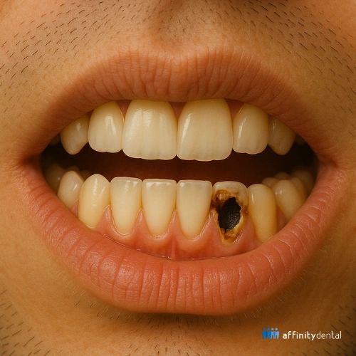 Close-up of a mouth with decayed lower tooth, showing how cavities trap food and cause bad breath.
