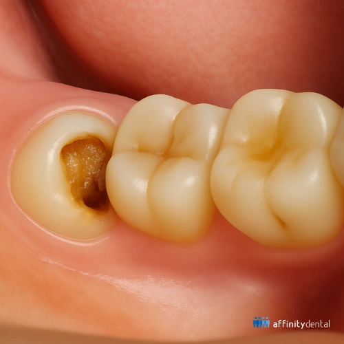 Close-up of decayed wisdom tooth with food trap, showing how impacted teeth contribute to bad breath.
