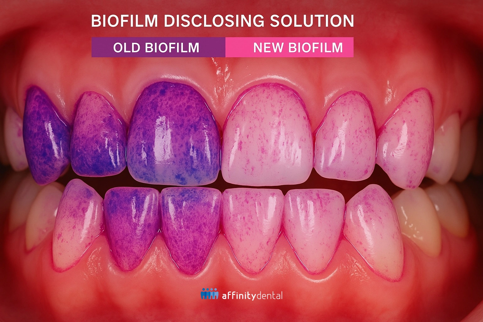 Close-up of teeth stained with biofilm disclosing solution, showing old biofilm in purple and new biofilm in pink.