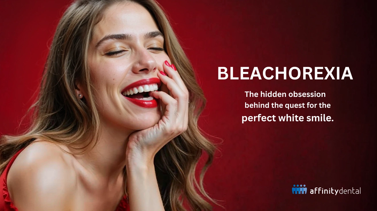Smiling woman with red lips and bright teeth next to text about bleachorexia and the pursuit of the perfect white smile