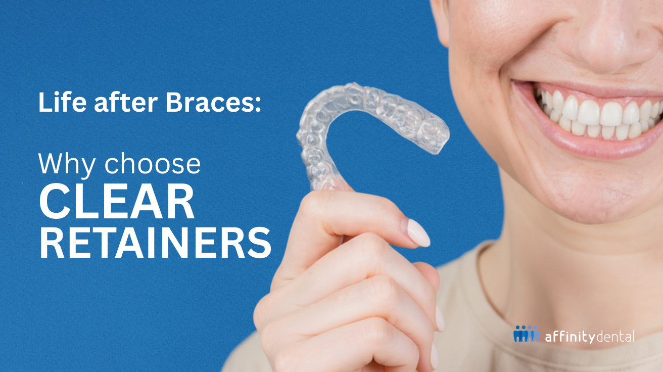 Smiling woman holding a clear dental retainer – promoting clear retainers after braces