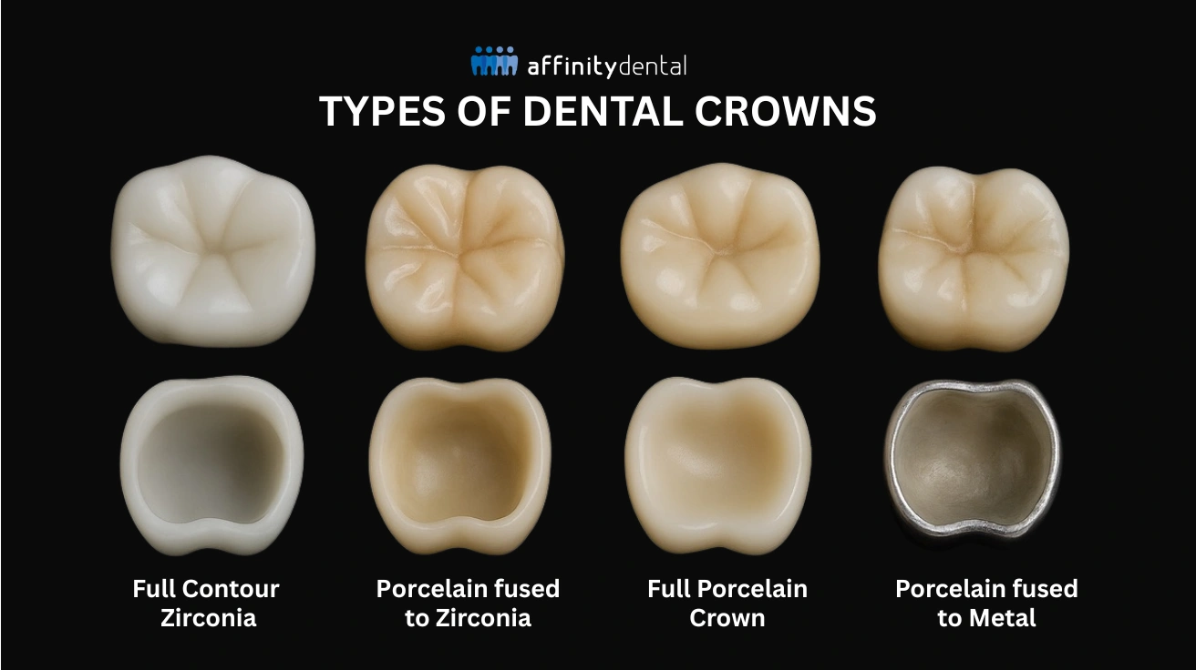 Image showing four types of dental crowns: Full Contour Zirconia, Porcelain Fused to Zirconia, Full Porcelain Crown, and Porcelain Fused to Metal—both occlusal and internal views.
