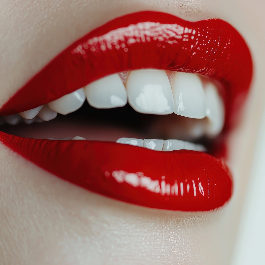 Close-up of glossy red lips and unnaturally white teeth symbolizing overbleached smile