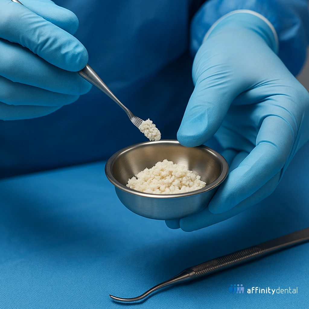 Dentist’s gloved hands preparing bone graft material in a sterile tray using surgical instruments.
