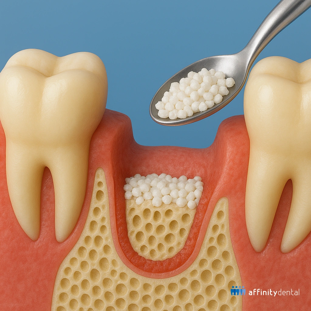 3D-rendered illustration of a dental ridge augmentation procedure showing bone loss, low gum height, and a spoon holding bone graft material near the socket.
