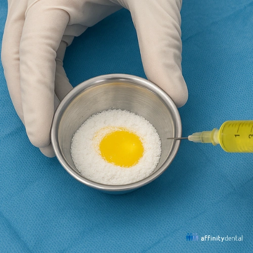 A close-up of gloved hands holding a stainless steel bowl with white bone graft powder and yellow PRF liquid, as a syringe injects into the mixture against a blue surgical drape background.