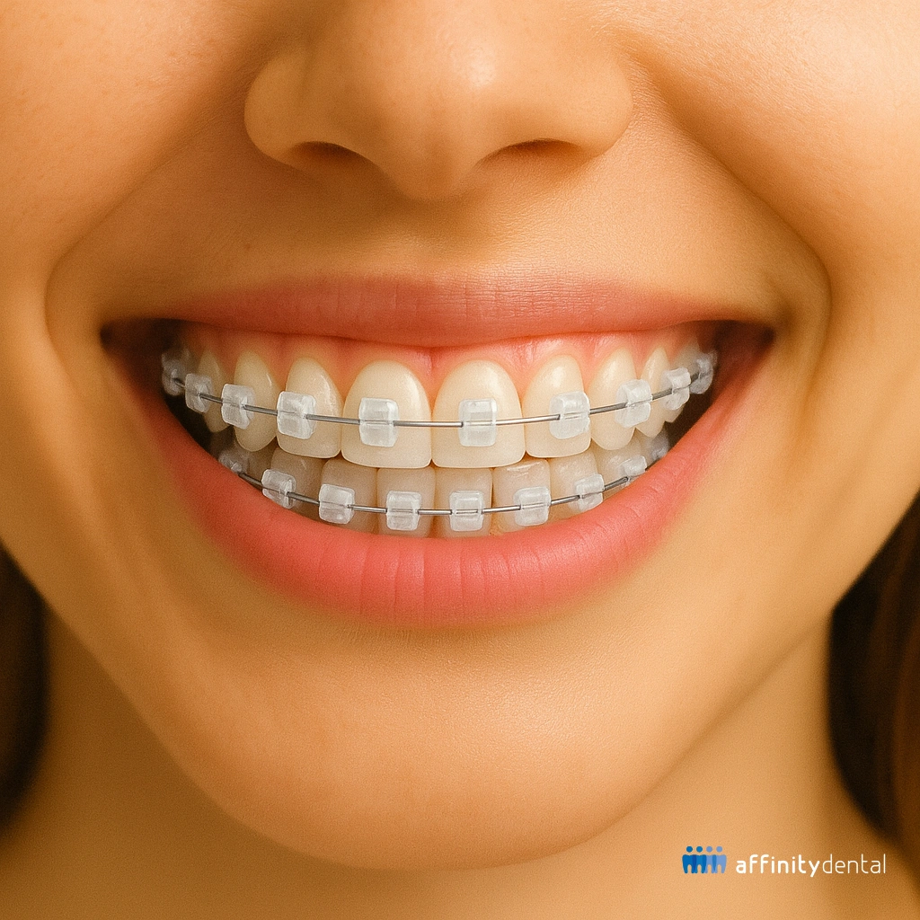 3D rendered image of ceramic braces on teeth with clear brackets and metal archwire