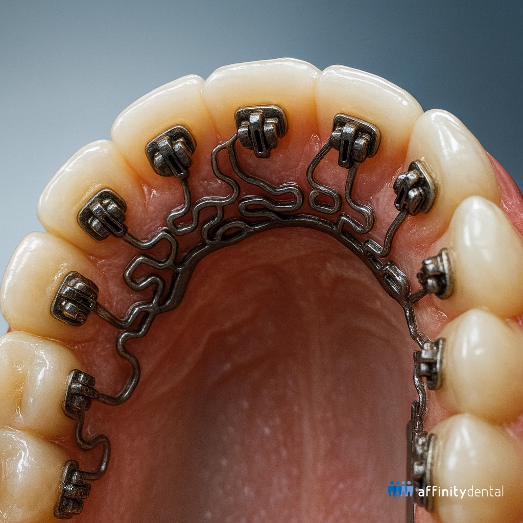 3D illustration of Close-up of patient with lingual braces placed behind the teeth.