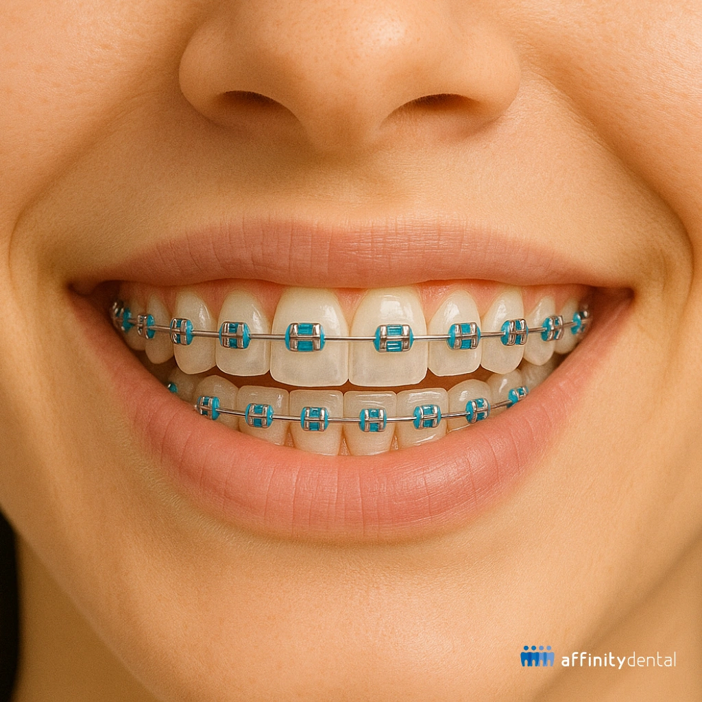 Close-up smile with traditional metal braces and blue elastic bands on upper and lower teeth.
