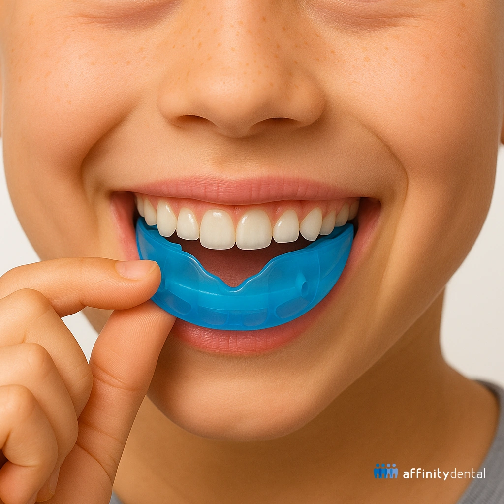 Close-up of child inserting a blue myofunctional orthodontic appliance for jaw growth and oral habit correction