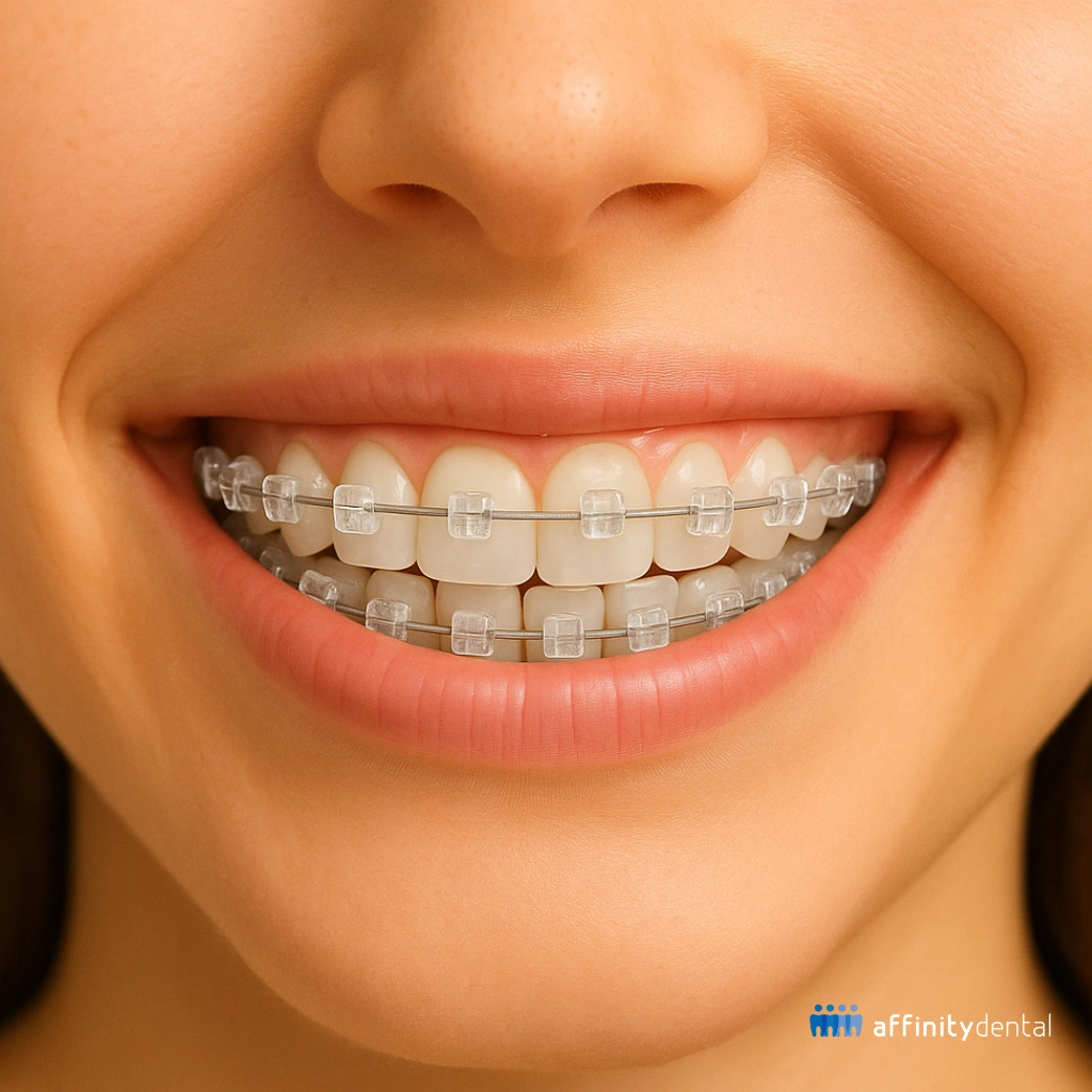 Close-up of a patient wearing sapphire crystal braces at Affinity Dental Clinics in the Philippines