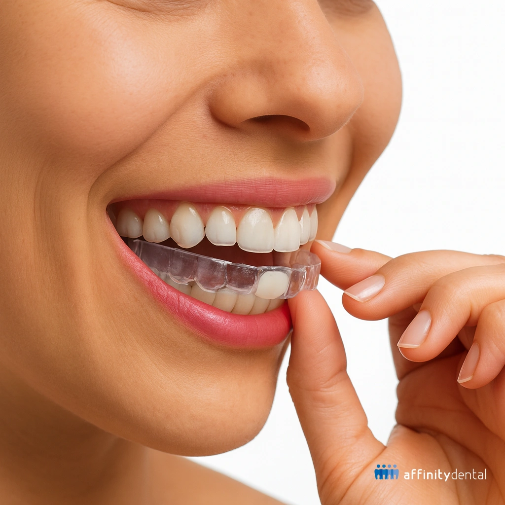 Close-up of a patient inserting a Vivera clear retainer at Affinity Dental Clinics in the Philippines