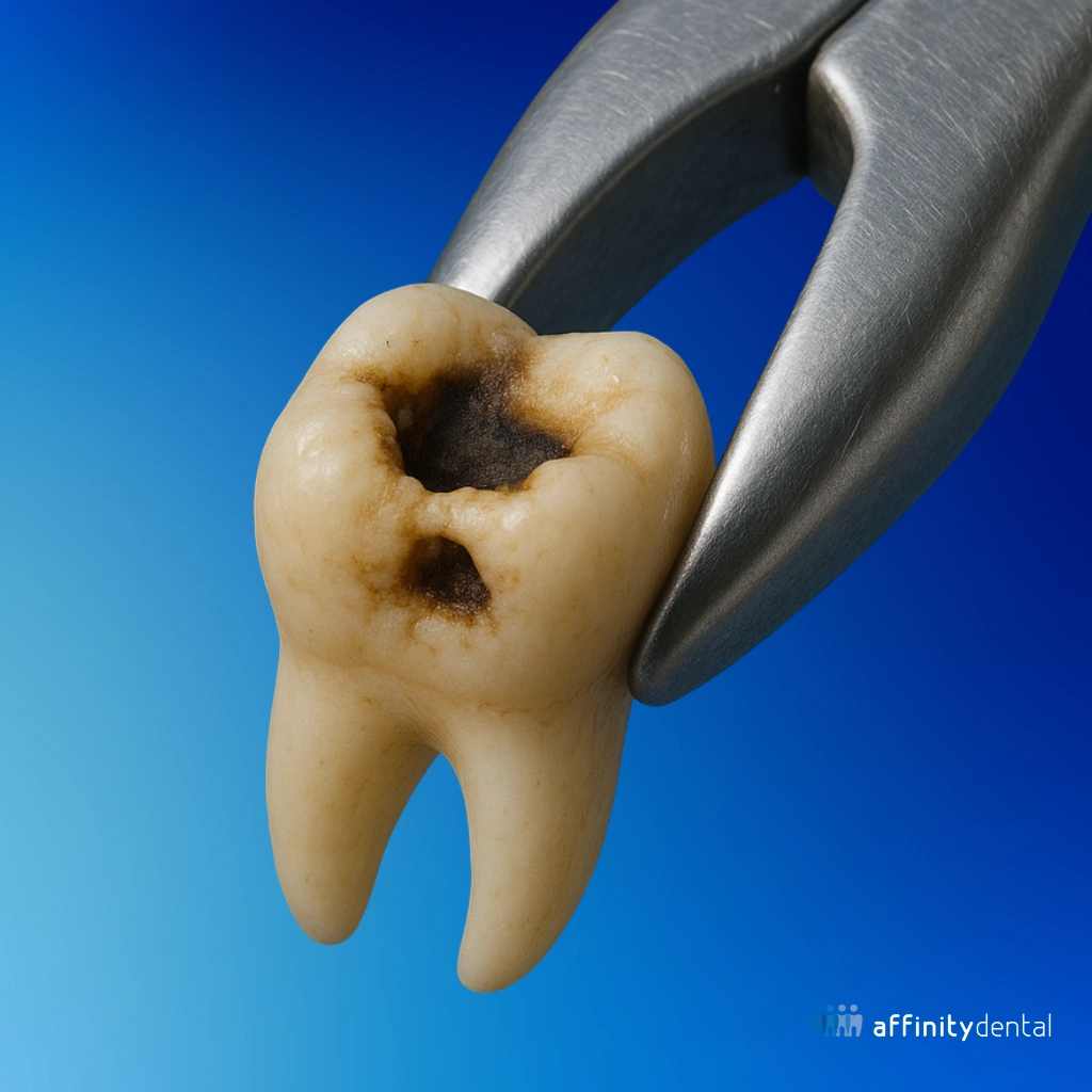 3D Illustration of Complicated tooth extraction in the Philippines showing a decayed molar removed with forceps