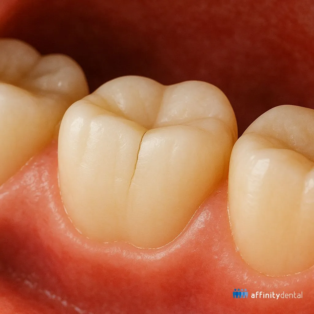 Close-up image of a human molar with a subtle vertical hairline crack confined to the enamel, surrounded by healthy gums and adjacent teeth.