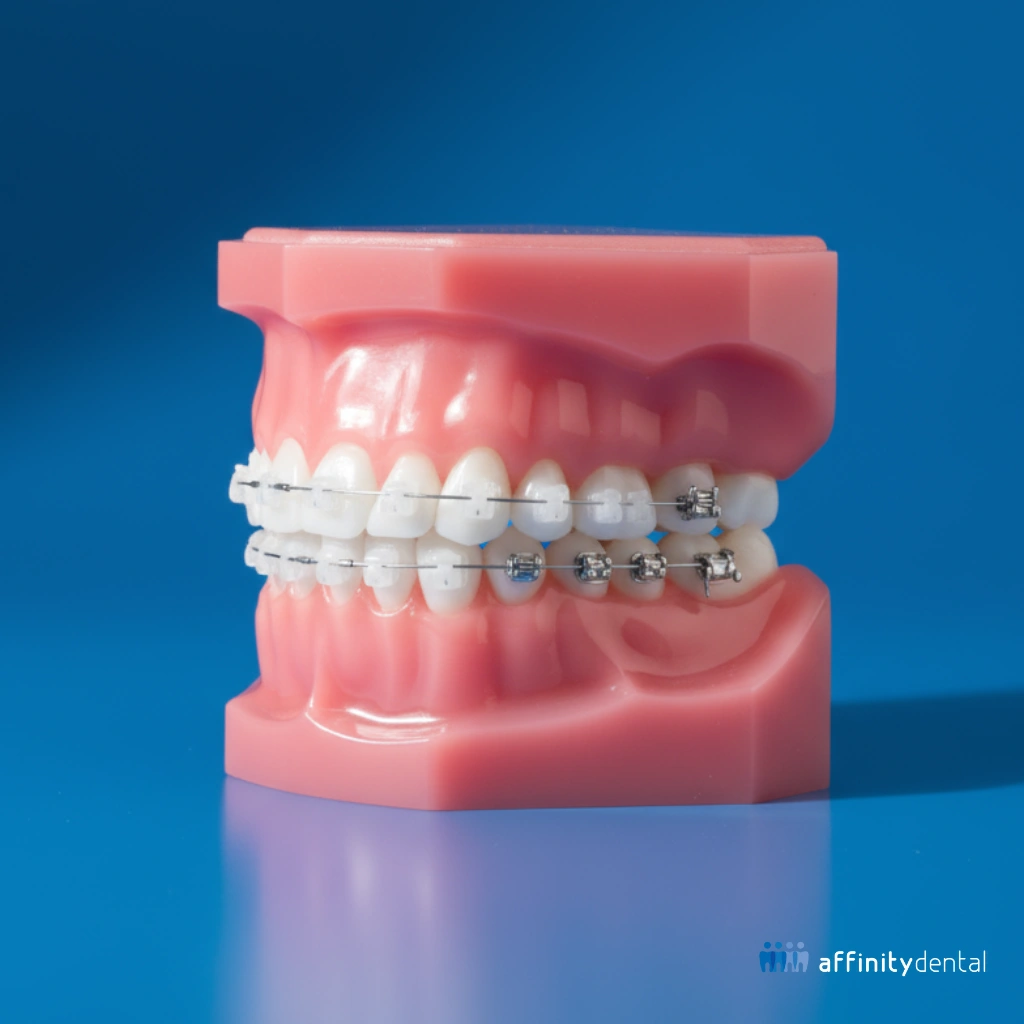 Dental model with Damon Braces, showing clear brackets on upper teeth and metal brackets on lower teeth, set against a blue background.