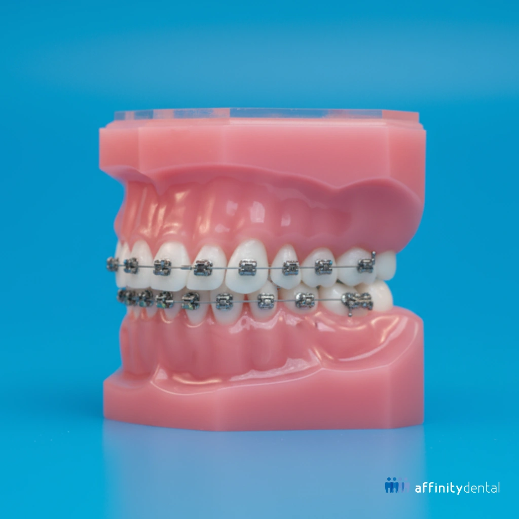 Dental model with Damon Metal Braces showing self-ligating metal brackets on both upper and lower teeth against a blue background.