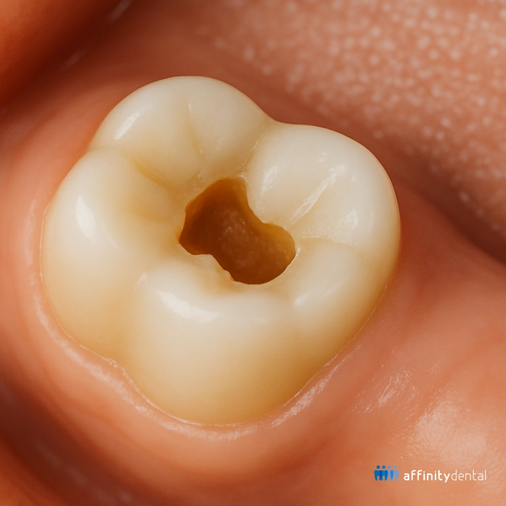 Close-up of a molar tooth with decay removed and cavity prepared for a dental filling.