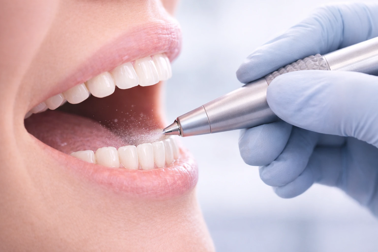 Close-up of a dental airflow cleaning procedure with a polishing handpiece gently spraying the lower teeth.