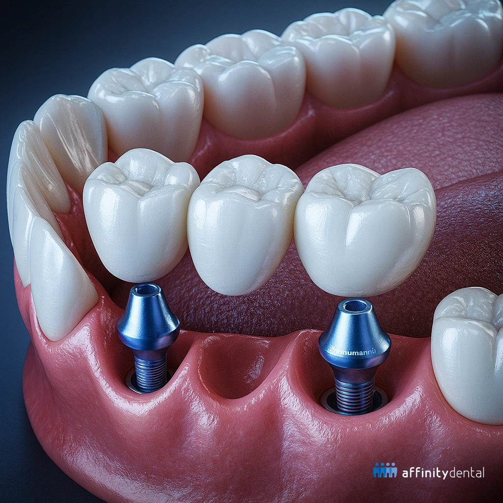 3D illustration of a dental implant supported bridge showing two titanium implants with abutments supporting three zirconia crowns