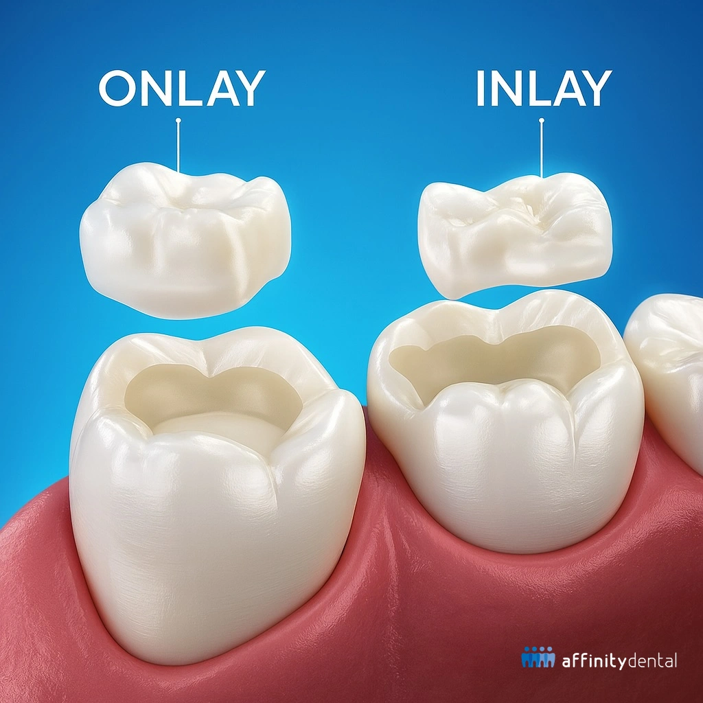 3D-rendered dental illustration showing a tooth prepared for an inlay and another for an onlay restoration with a blue background.