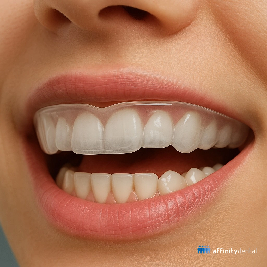Illustration showing a transparent dental mouthguard fitted over the upper teeth inside the mouth