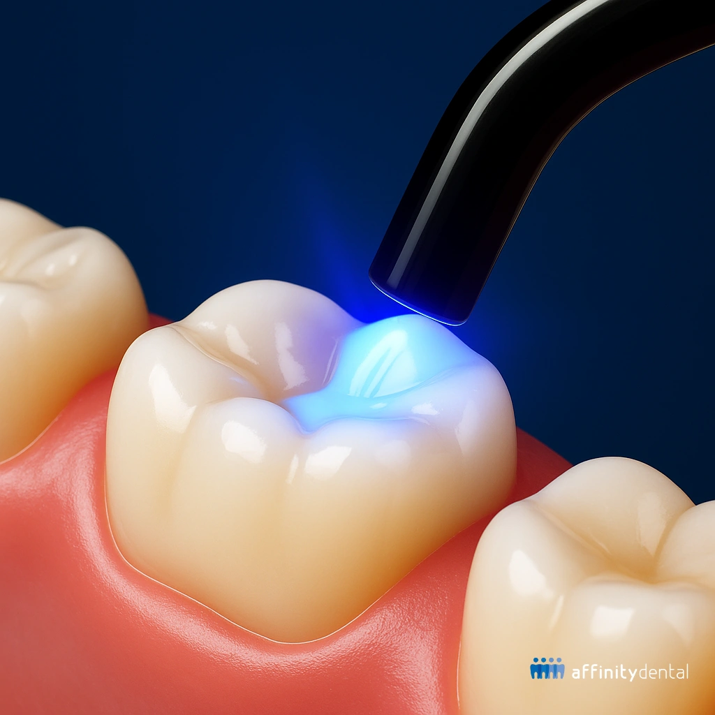3D illustration of a dental sealant being cured with a blue light on a molar tooth at Affinity Dental Clinics