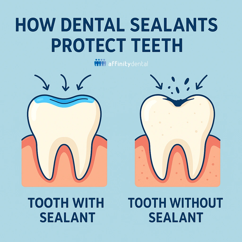 Educational illustration showing a tooth with sealant protected from cavities compared to a tooth without sealant developing decay