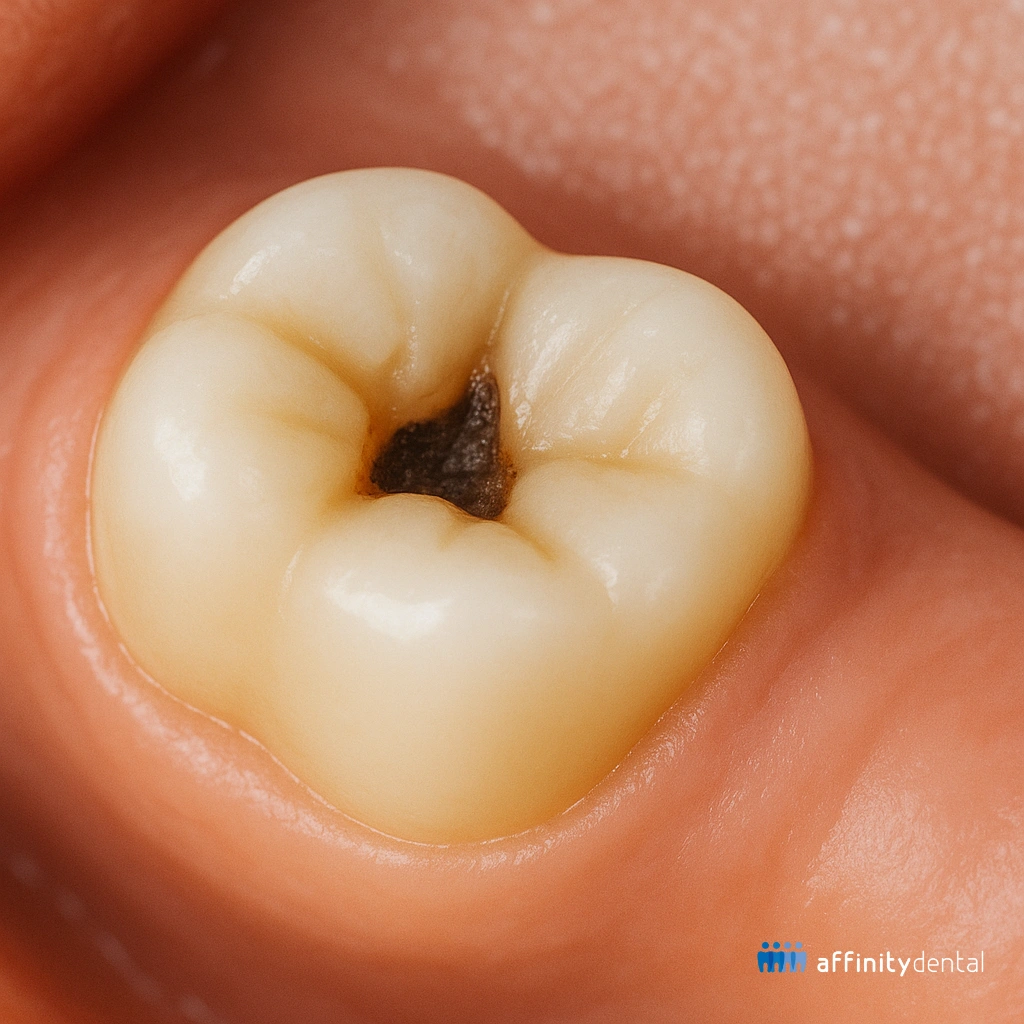 Close-up of a molar tooth with visible cavity decay, showing the need for dental filling treatment.