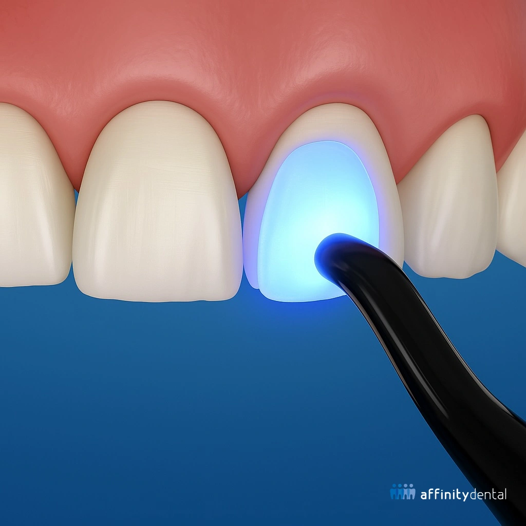 Direct composite veneer being cured with blue light at Affinity Dental Clinics