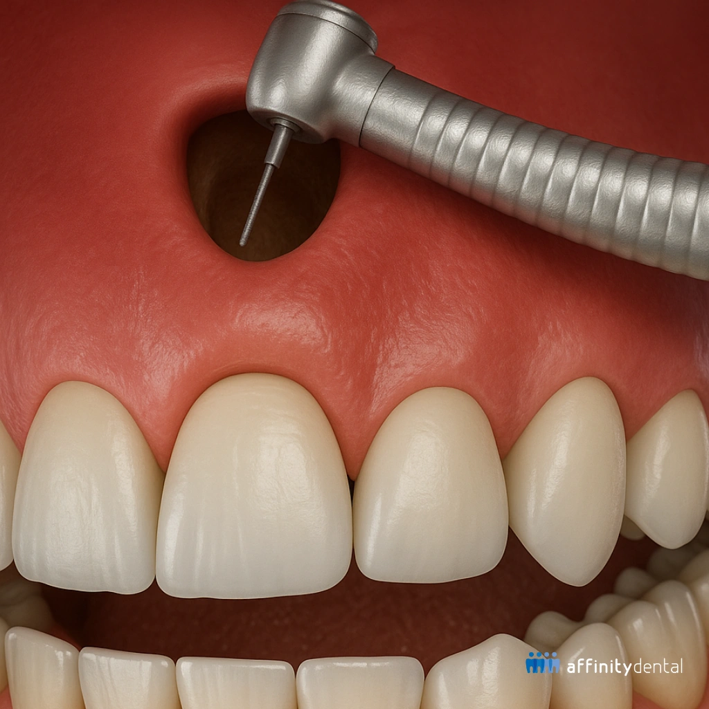 3D illustration of apicoectomy surgery on upper front tooth showing surgical access through gum tissue