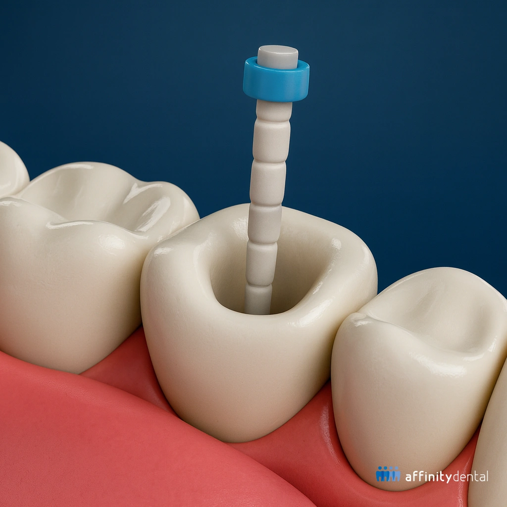 3D illustration of a post and core dental procedure showing a dental post inside a tooth after root canal treatment