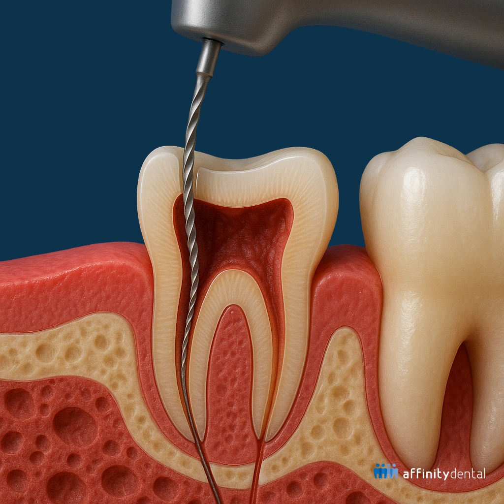 3D medical illustration of root canal treatment showing endodontic file inside tooth canal