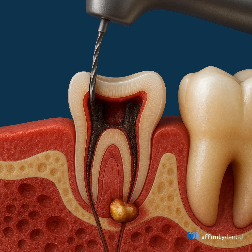 3D illustration of a root canal retreatment showing infected canals and periapical abscess