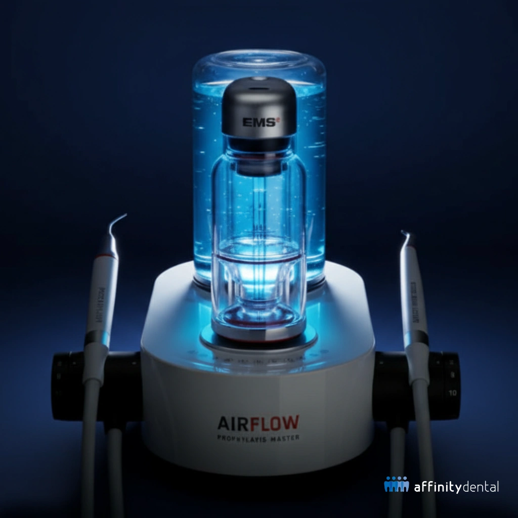 EMS AIRFLOW® Prophylaxis Master dental device with handpieces, used for guided biofilm therapy and advanced professional teeth cleaning.